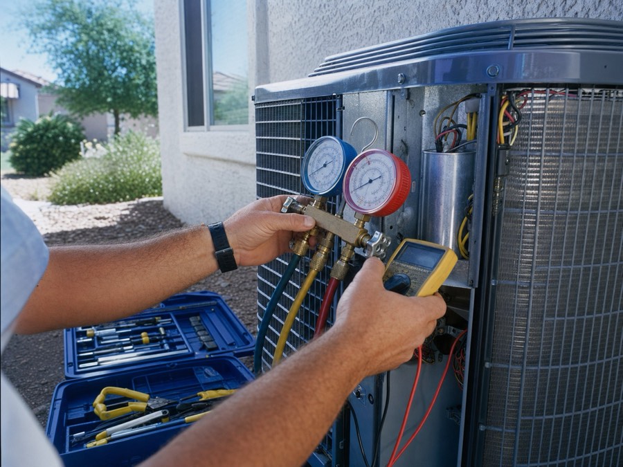 HVAC gauges and meter used to diagnose an air conditioner