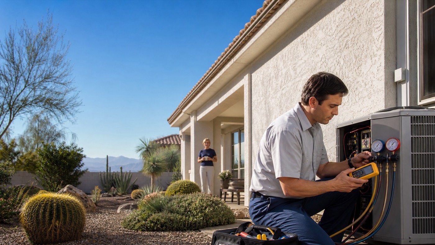 HVAC technician diagnosing an outdoor AC unit at a Gilbert home